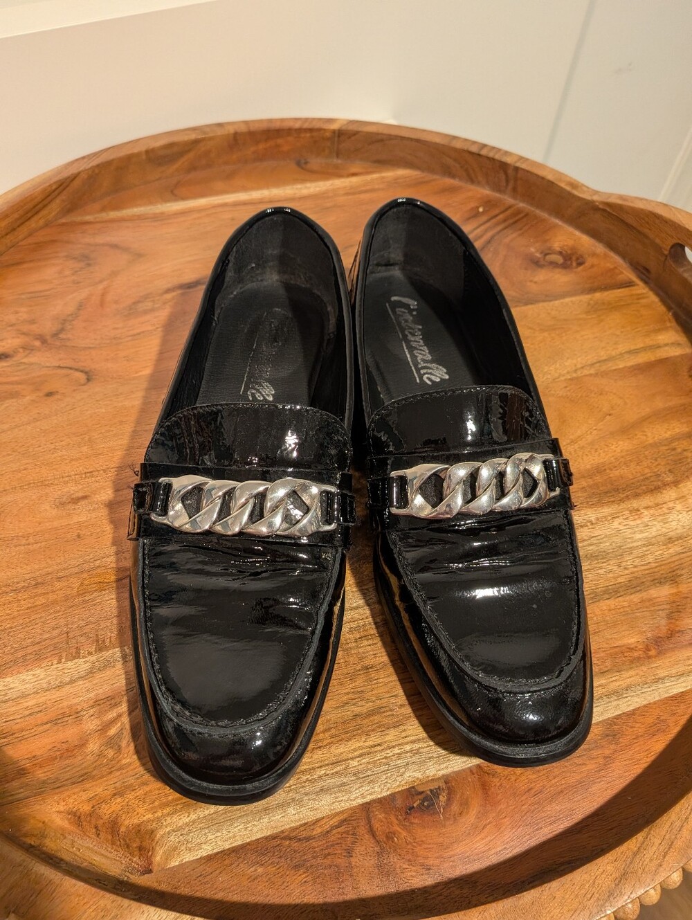 L'INTERVALLE Black Patent Genuine Leather Silver Chain Loafers Size 40